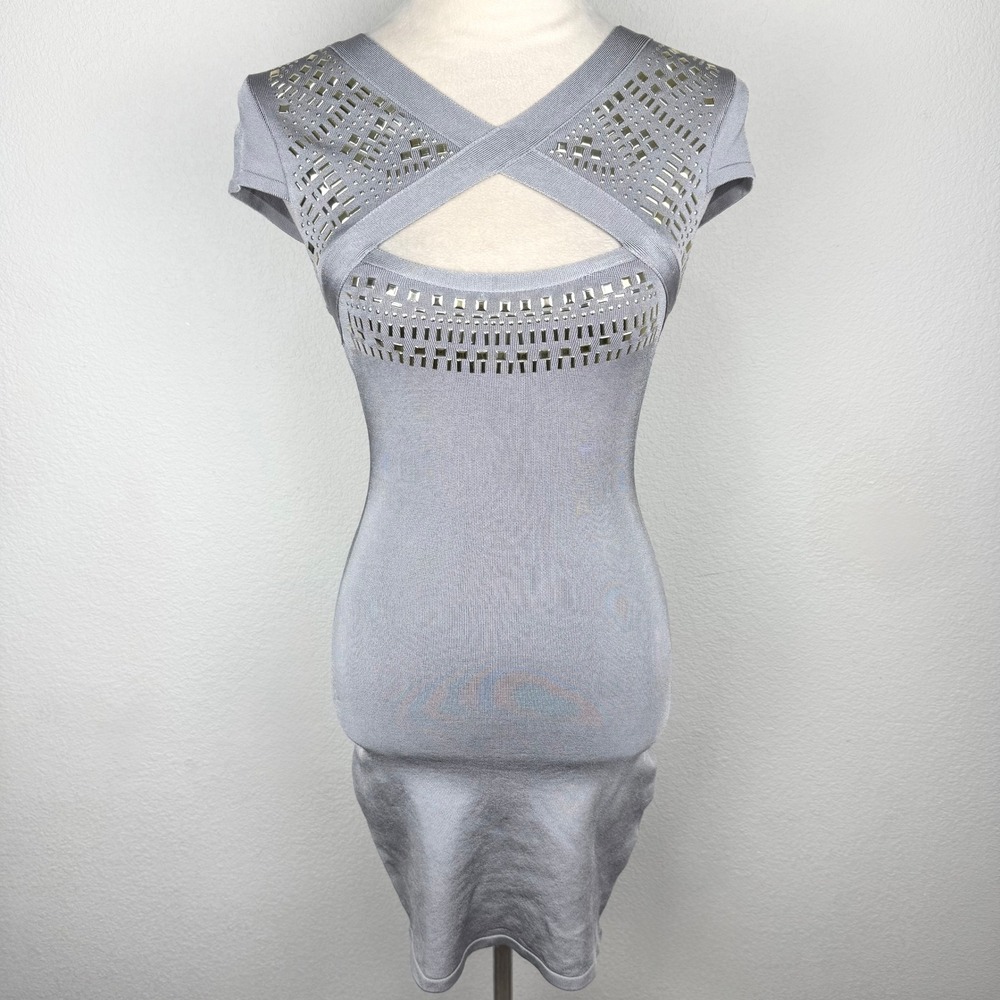 Bebe Grey Metallic Gold Studded Bandage Bodycon Cutout Mini Dress Luxury Size XS